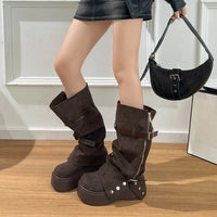 Autumn Winter Chunky Women Knee High Boots Fashion Button Combination Splicing Shoes Ladies Platform Thick Heel Long Booties