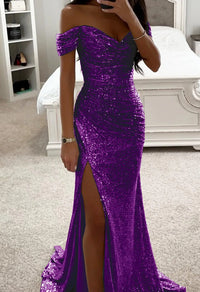 New Women Vintage Sequined V Neck Off Shoulder Slim Sexy Split Long Dress Evening Party Maxi Dresses Party Sequin Dress