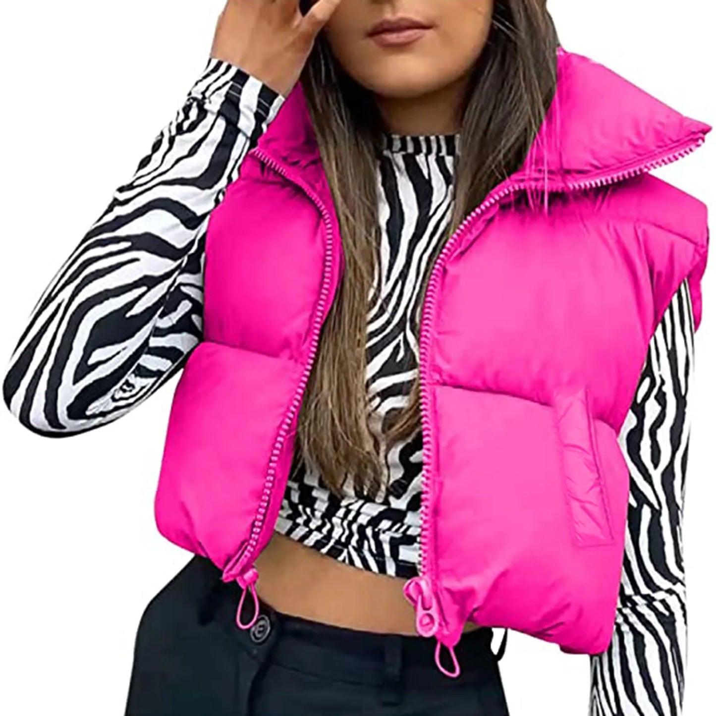 Women Winter Warm Crop Waistcoat, Sleeveless Stand Collar Double Sided Lightweight Puffer Vest