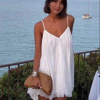 2026 Women White Big Backless Sling Dress O neck Back Zipper Loose Swing Mini Short Dresses Holiday Robe