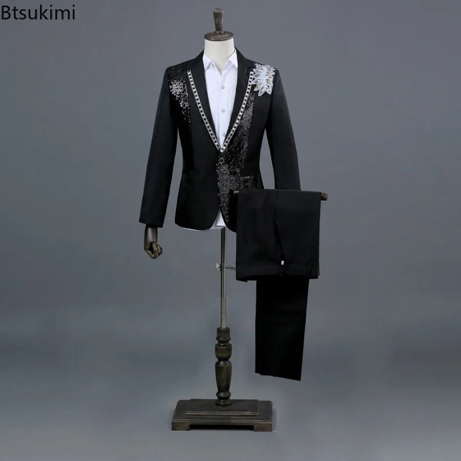 2025 Men's Party Prom Sequin Dress Suit 2 Piece Sets Luxury Classic Black White Diamond Singer Dance Stage Performance Costumes