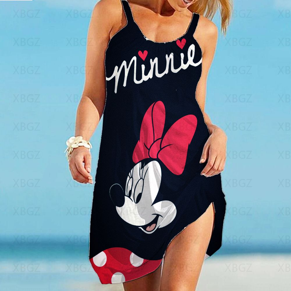 Elegant Dresses for Women Sexy 2022 Minnie Mouse Women&#39;s Dress Sling Summer Woman Beach Boho Disney Loose Print Mickey Fashion