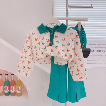 2022 Autumn New Girls Suit Cute Floral Lapel Sweater+Flared Pants 2pcs Kids Outfit