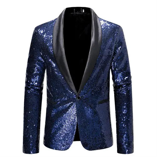 Shiny Sequin Men's Suit Jacket, Stage Performance Coat, White Silver Blue Red Purple Blazers V-neck Single Button S M L XL XXL