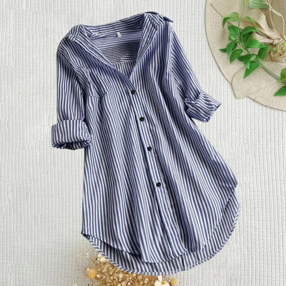 M-4XL Women Tunic Shirt Striped Long-sleeves V Neck Mid Long Turn-down Collar Loose Fit Casual Summer Elegant Ladies Blouse Top