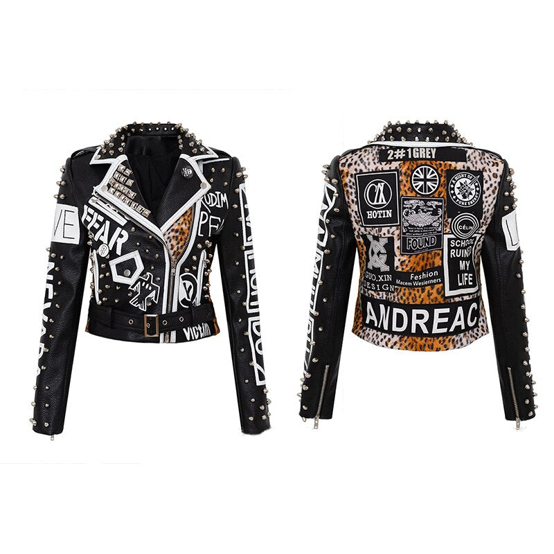 Sexy Women Spring Rivet Death Patch Fuax Leather Jackets For Punk Rock Rivet Streetwear