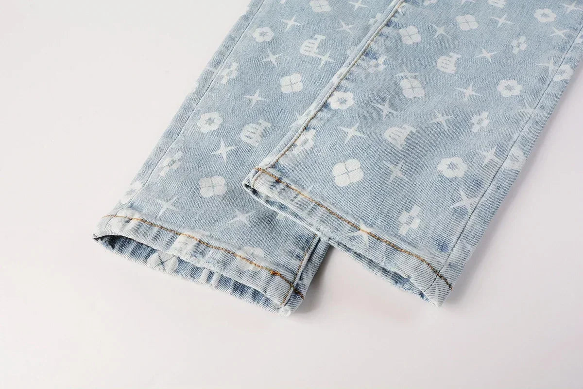 2025 American Jean Print Pants 9089 Style High Waist Loose Fit Straight Leg Blue Jeans Women's Fashion Casual Trousers