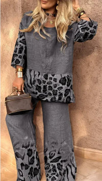 Fashion Leopard Print Set Lady Casual O Neck Three Quarter Tops+Wide Leg Pants Pieces Set For Woman Holiday Womens Clothing 2025