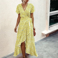 Daisy Fragmented Flowers Summer Sexy V-neck Ruffle Edge Dresses Lace Up Short Sleeve Long Commuter Elegant Fresh Sunflower Dress