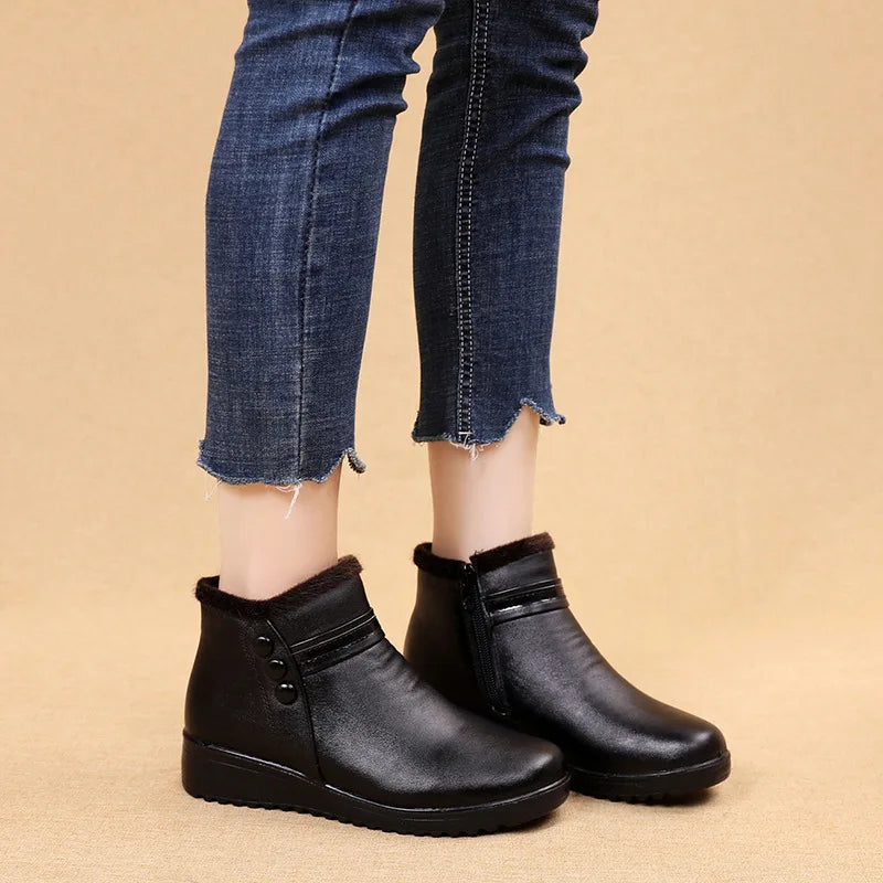 Fashion Winter Women Genuine Leather Casual Ankle Boots Female Thick Plush Warm Snow Boots Mother Waterproof Non-slip Booties