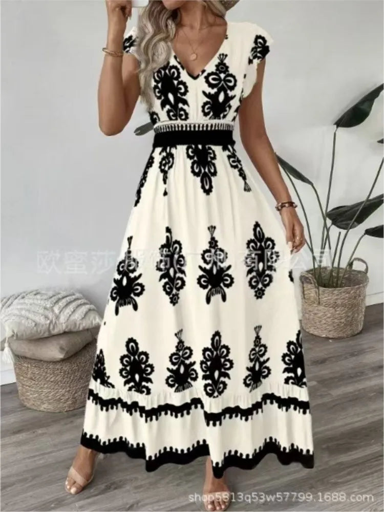 Women's Holiday Wind Beach Print Dress Summer Fashion High Waist Slim Body Casual V Neck Swing Elegant Ladies Office Long Dress