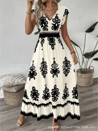 Women's Holiday Wind Beach Print Dress Summer Fashion High Waist Slim Body Casual V Neck Swing Elegant Ladies Office Long Dress