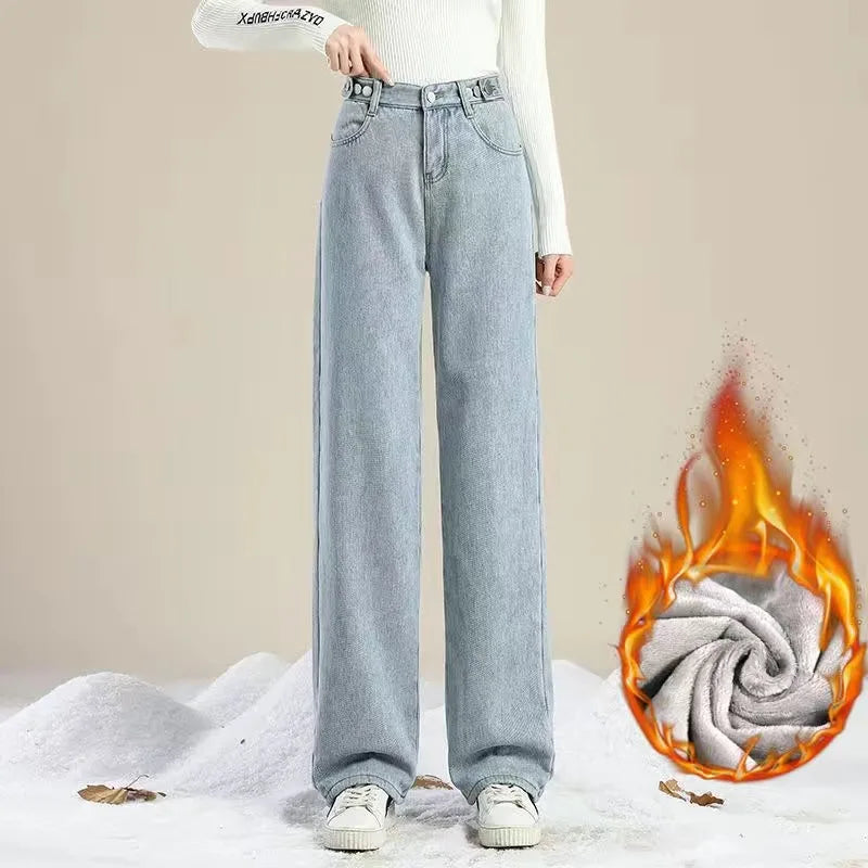 Women Warm Wide Leg Jeans High Waist Velvet Vaqueros Casual Thick Baggy Pantalon Korean Fashion Straight Denim Trousers Winter