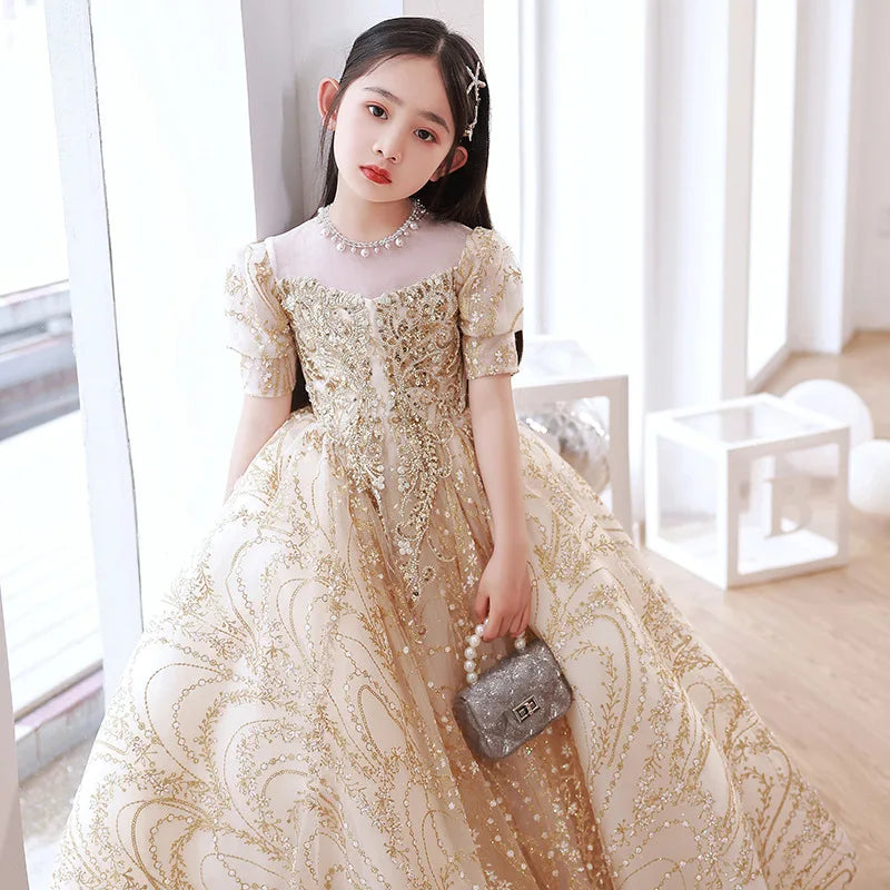 Luxury Birthday Party Dress for Girls Long Evening Gown Cocktail Pageant Kids Formal Occasion Dresses Prom Sequin Princess Child