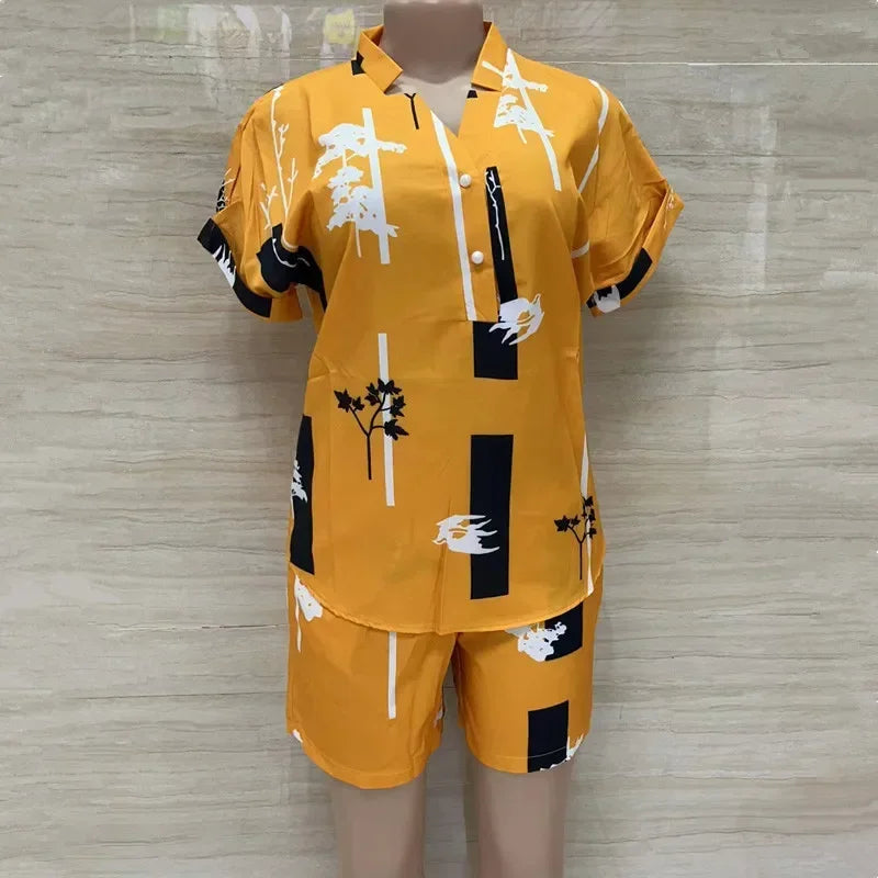 African Fashion Streetwear Two Piece Set for Women Summer Outfits Printed Short Sleeve Shirt Top Short Sets Matching Sets