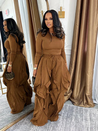Fall 2025 Outfits Women Two Piece Set Solid Casual Long Sleeve Tops and Ruffle Drawstring Jogger Pants Streetwear Matching Sets
