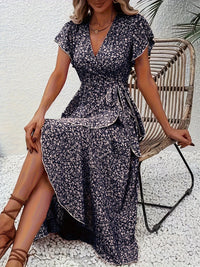 Summer Dresses for Women Sexy V Neck Short Sleeve Irregular High Waist Lace-up Flower Print Dress Casual Beach Dresses