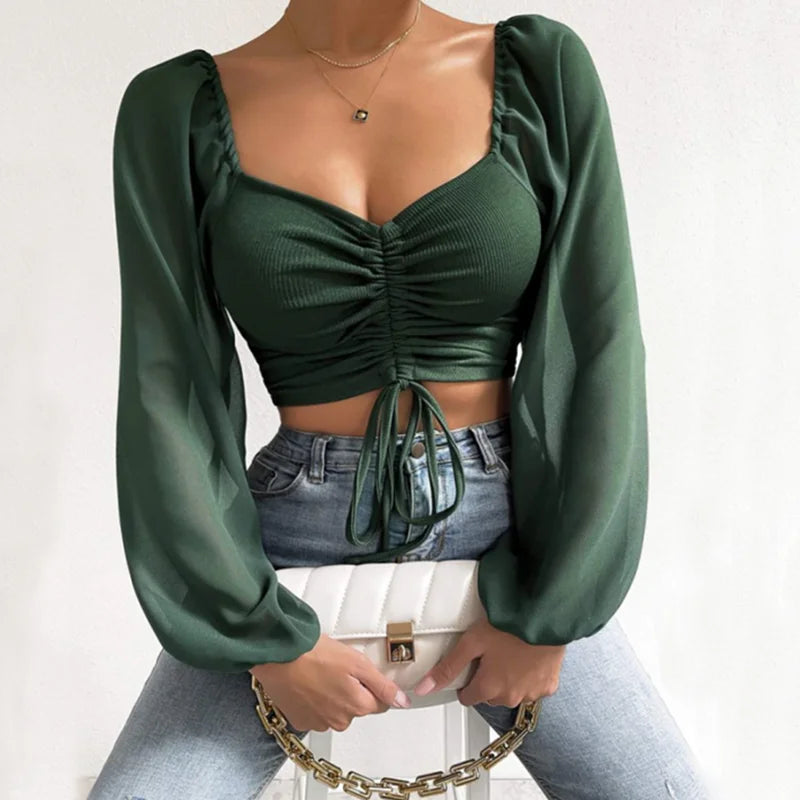 Horetong Women's Sexy V-neck Off-Shoulder Blouses Summer Drawstring Bandage Long Sleeve Tops Ladies Korean Fashion Short Clothes
