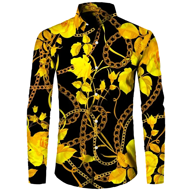 Fashion Luxury Golden Flower Print Men's Shirts Baroque Style Short/Long Sleeve Lapel Button Up Tops Social Hawai Party Cardigan