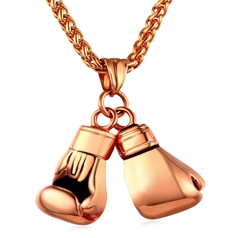 U7  Boxing Necklace for Man 24&quot; Wheat Link Chain Gloves Stainless Steel Sport GYM Fitness Fighting Pendant Sporty Punk Jewelry