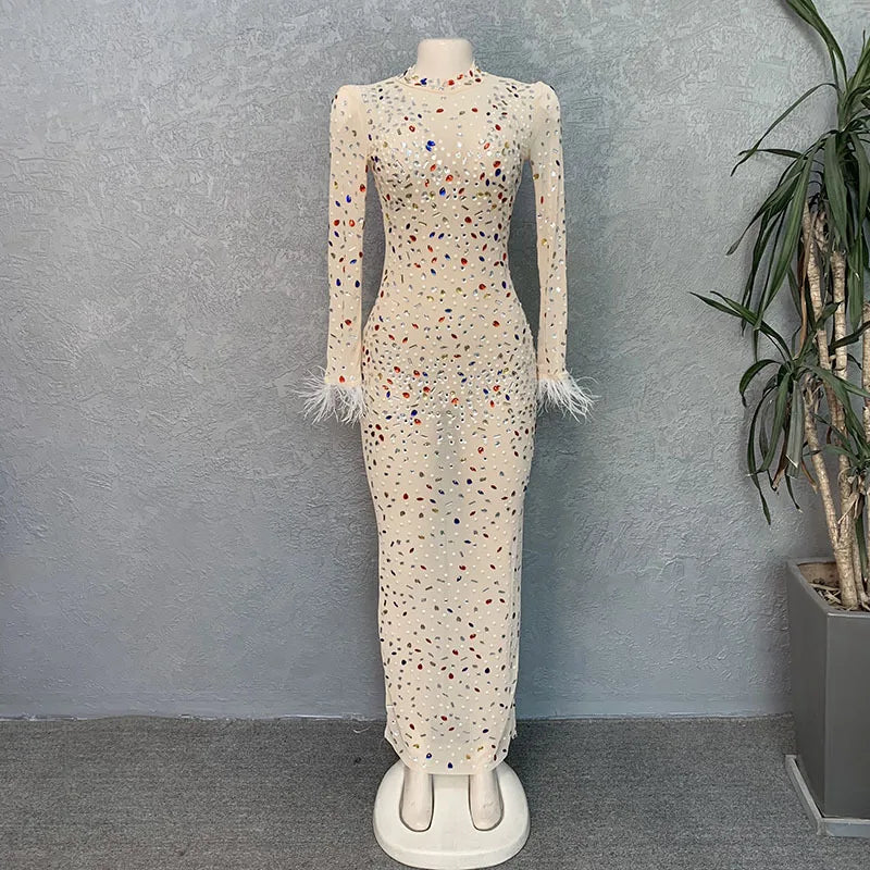 Party Sequin Dress Women Bandage Mesh Black Beads Elegant Evening Celebrity Spring Summer Prom Dance Bodycon Long Prom Vestidos Beige / XXL Party Sequin Dress Women Bandage Mesh Black Beads Elegant Evening Celebrity Spring Summer Prom Dance Bodycon Long Prom Vestidos Beige / XXL