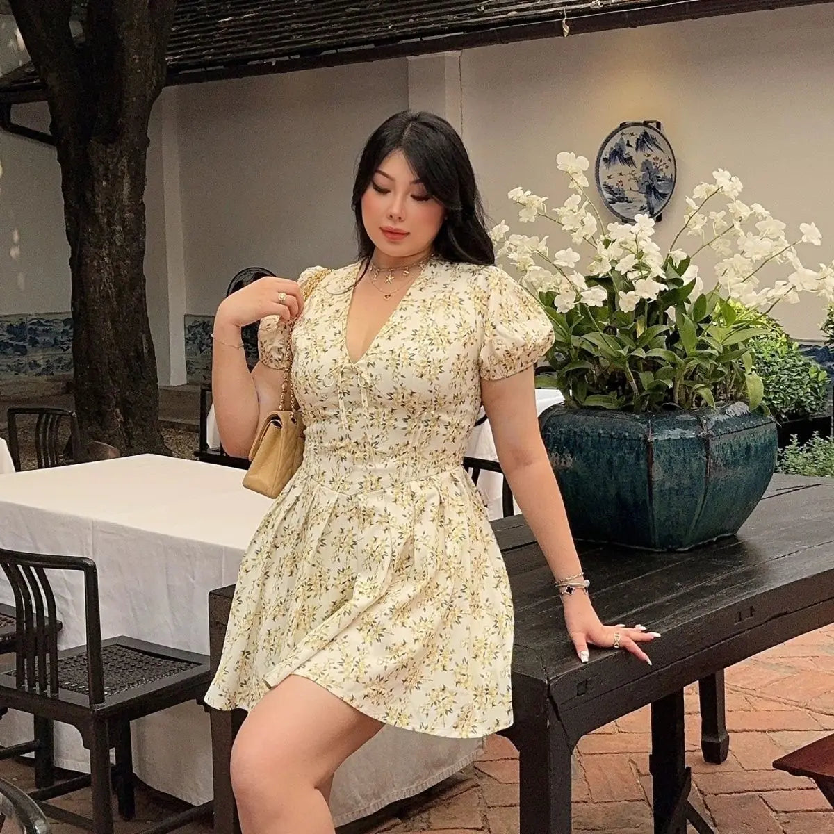 Plus Size Pleated Mini Dress For Women Floral Print V Neck Short Sleeve Lace Up Lady Sexy Slim Summer Elegant Outfits Party