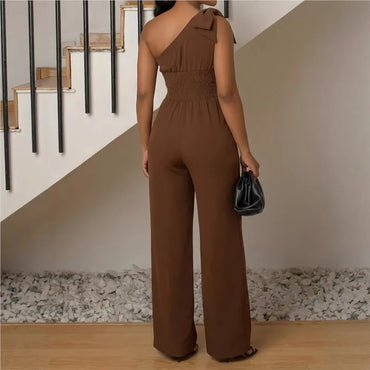 Women Jumpsuits For Spring Summer Sleeveless One Shoulder Bow Loose Fashion Streetwear Overalls Solid Wide Leg Pants Trousers