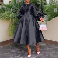 Dress Women Long Dresses A Line Round Neck White Lantern Sleeve Casual High Waist Lace Up Elegant Party Night Maxi Vestidos