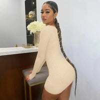 Pure Color Zipper Dress Street Style Basic Length Midi round Neck Long Sleeve Polyester Fiber Spring Season Fashion Trend