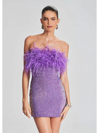 Sexy Strapless Sequins Feather Bodycon Mini Dress Elegant Purple Shiny Sequin Luxury Evening Dress Women Party Cocktail Dresses