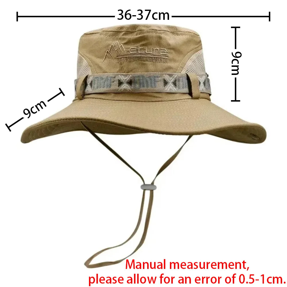 Men Bucket Hat Outdoor UV Protection Wide Brim Panama Safari Hunting Hiking Hat Mesh Fisherman Hat Beach Sunscreen Cap