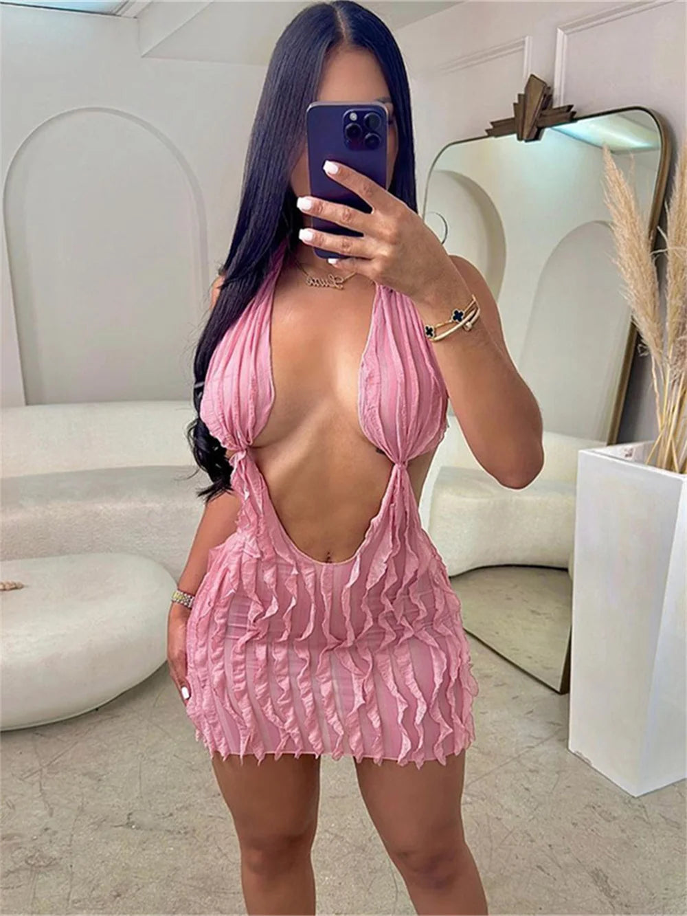 Wavy Sexy Women Short Dress Halter Backless Deep V Neck Skinny Coquette 2023 Hot Girl Midnight Party Clubwear Bodycon