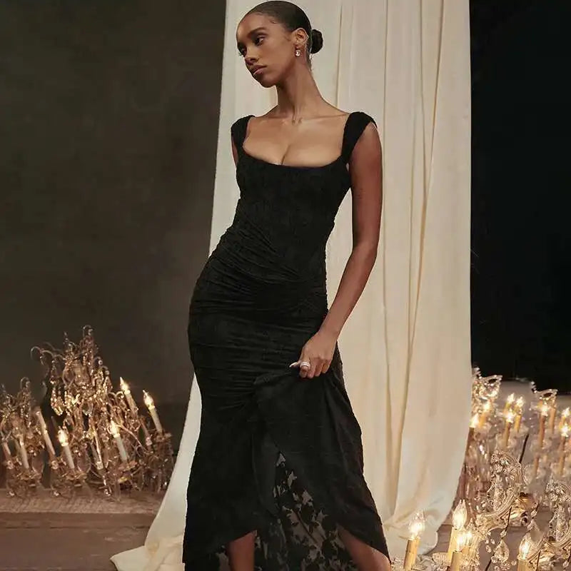 Giyu Sexy Lace Club Party Dresses Women 2024 Summer Elegant Sleeveless Backless Ruched Birthday Prom Mermaid Maxi Long Dress