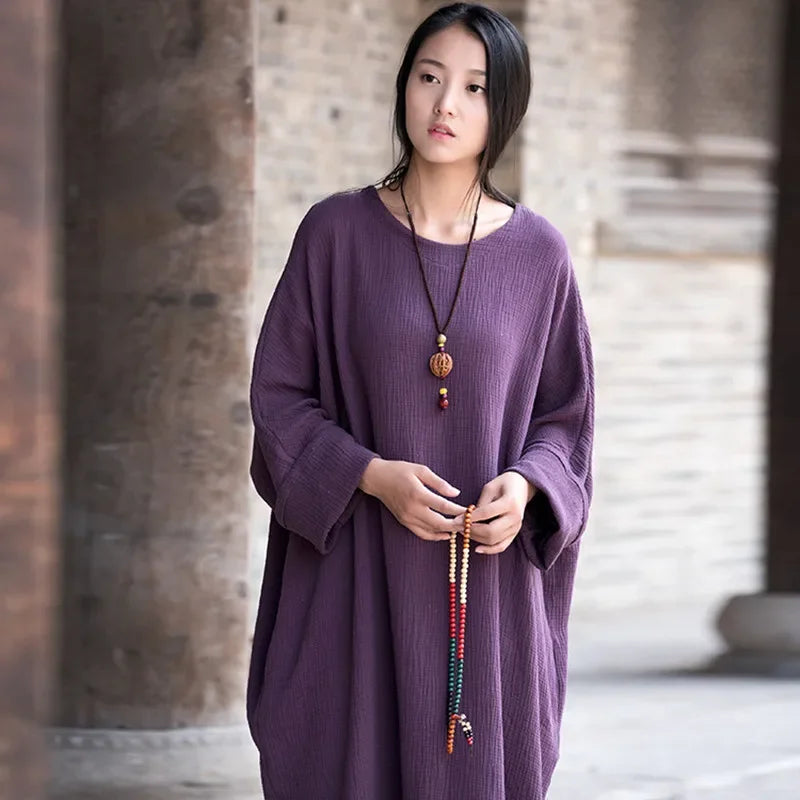 Linen dress big size Batwing Cotton Women Long Dress Oversized Zen style Solid Robe ete 2021 Femme Gown Loose Casual Maxi Dress