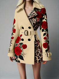 Women New Long Sleeve Floral Flower Printed Office Coat Double Button Belt Lapel Collar High Waist Jacket