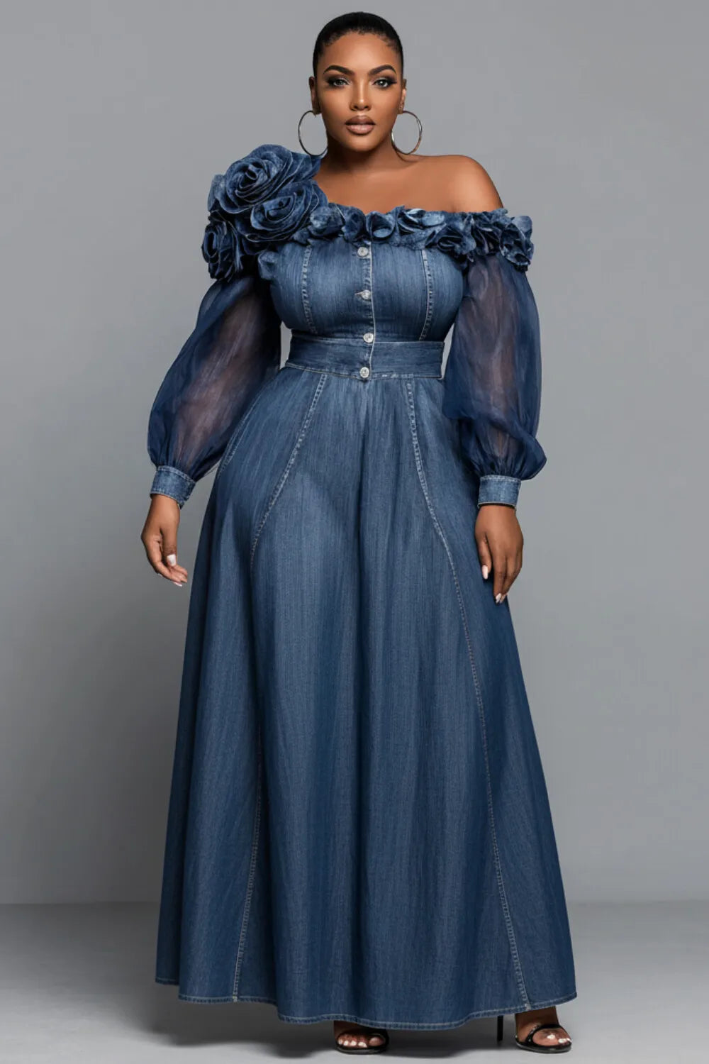 Plus Size Wedding Guest Blue One Shoulder Long Sleeve 3D Elegant Pocket Denim Maxi Dresses