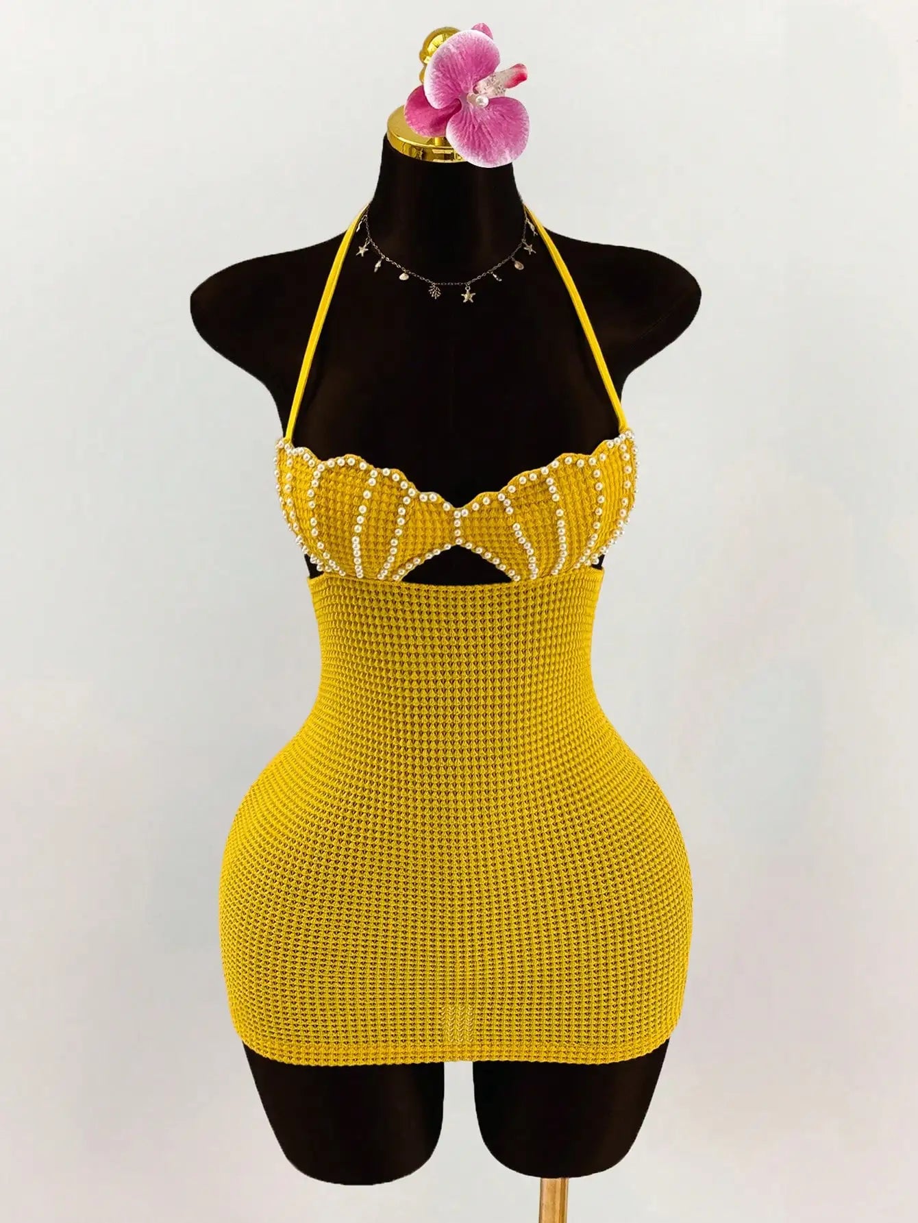Pearl Shell Halter Backless Mini Bodycon Dress Crochet Bikini Dress
