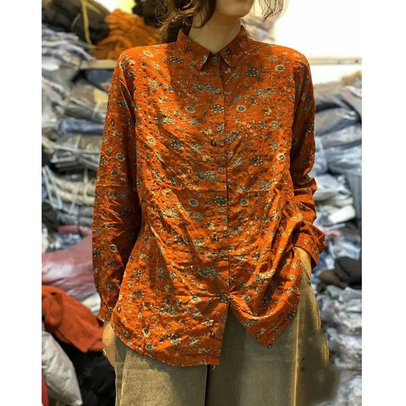 Cotton and Linen Spring New Artistic Retro Printed Shirts for Women Fashionable and Versatile Slimming Tops for Women