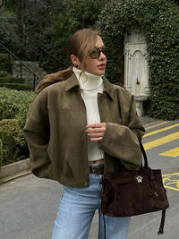 HH Women's Street Fashion Solid Loose Suede Texture Coats Causal Long Bat Sleeves Lapel Zipper Fly Winter Vintage Jackets
