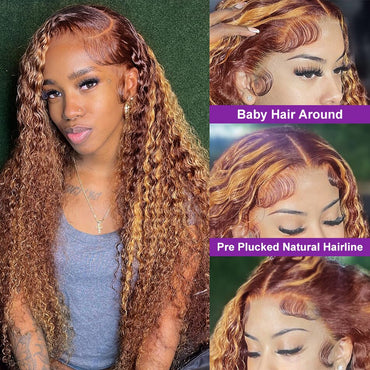 Highlight Honey Brown Curly HD Lace Front Human Hair Wigs 13x6 13x4 Remy Ombre Colored Deep Wave Lace Frontal Wig For Women