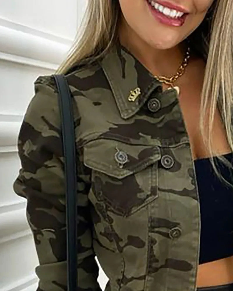 Camouflage Print Buttoned Pocket Design Coat  Jacket Women Bomber Y2k Coats Autumn Outerwear Streetwear Windbreaker Motorcycles