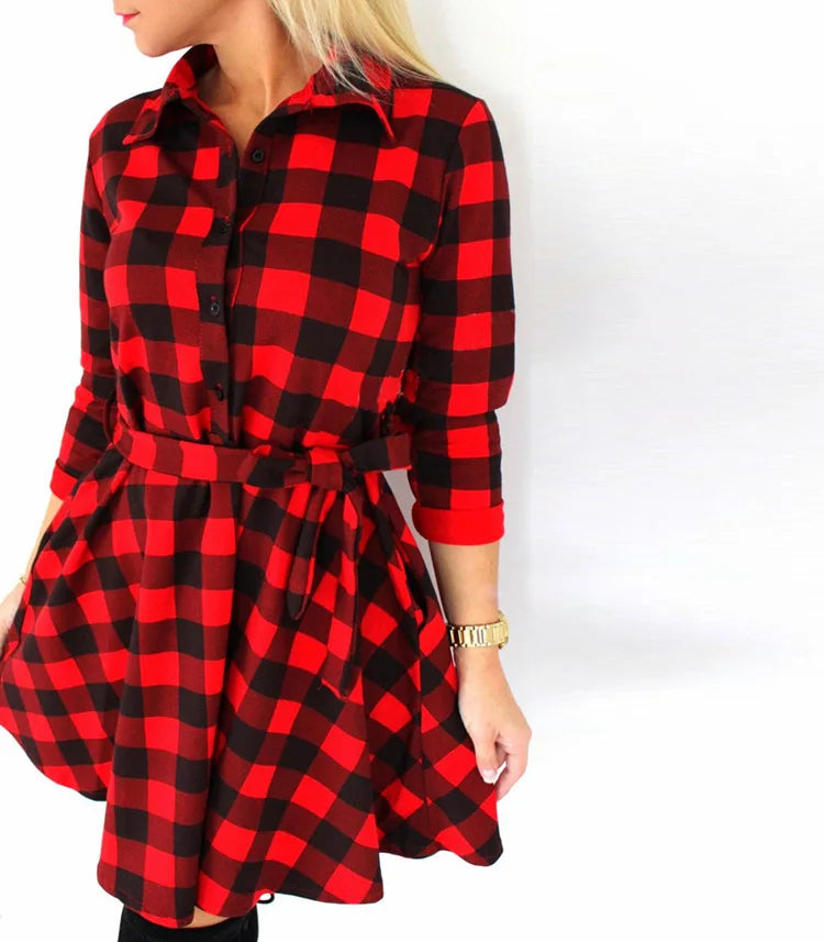 Autumn Winter Women Casual Dress Plaid Print Shirt Dress High Waist Casual Slim Dress Vestidos With Belt Dress Elegant Dresses