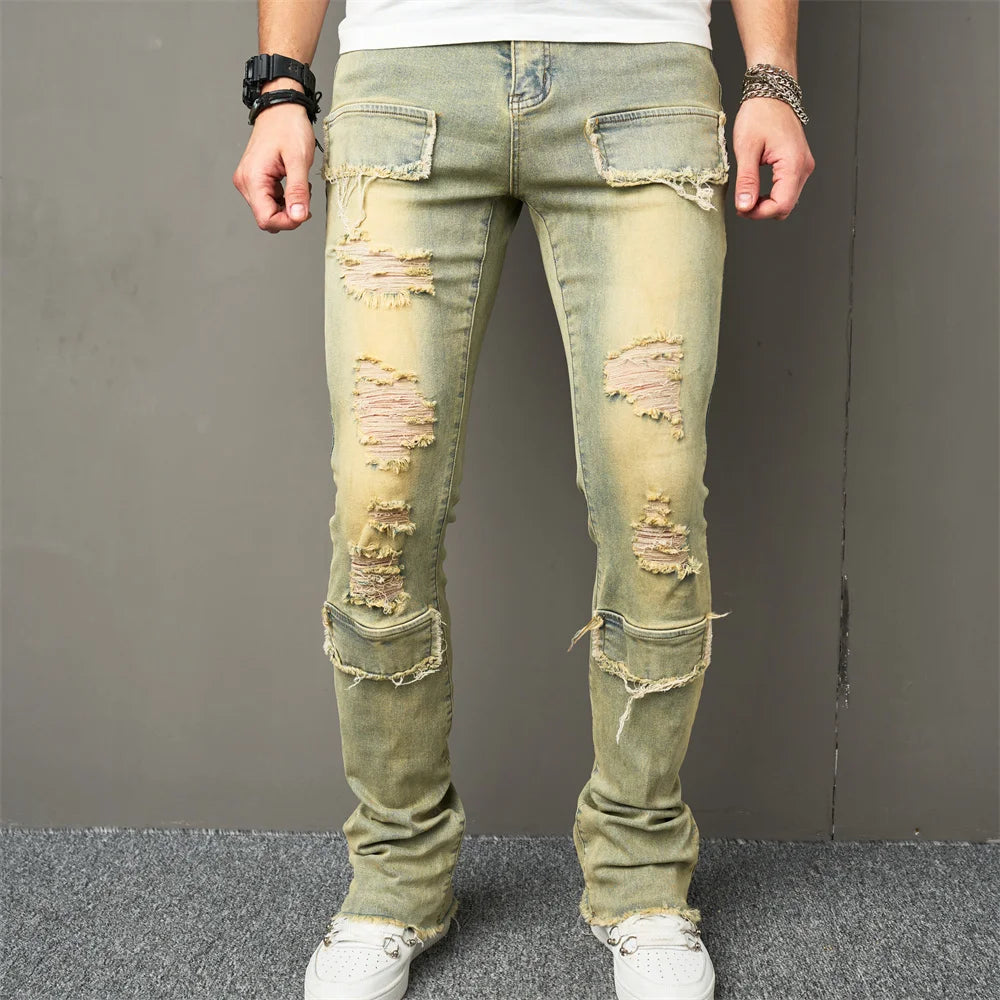 Vintage Style Men Streetwear Holes Spliced Slim Jeans Trousers Hip hop Stylish Distressed Stretch Denim Pants For Male