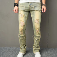 Vintage Style Men Streetwear Holes Spliced Slim Jeans Trousers Hip hop Stylish Distressed Stretch Denim Pants For Male