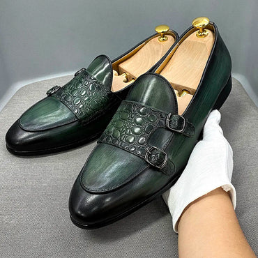 Luxury Men's Genuine Cow Leather Dress Shoes Green Black Slip-on Loafer Monk Strap Buckle Casual Business Wedding Footwear