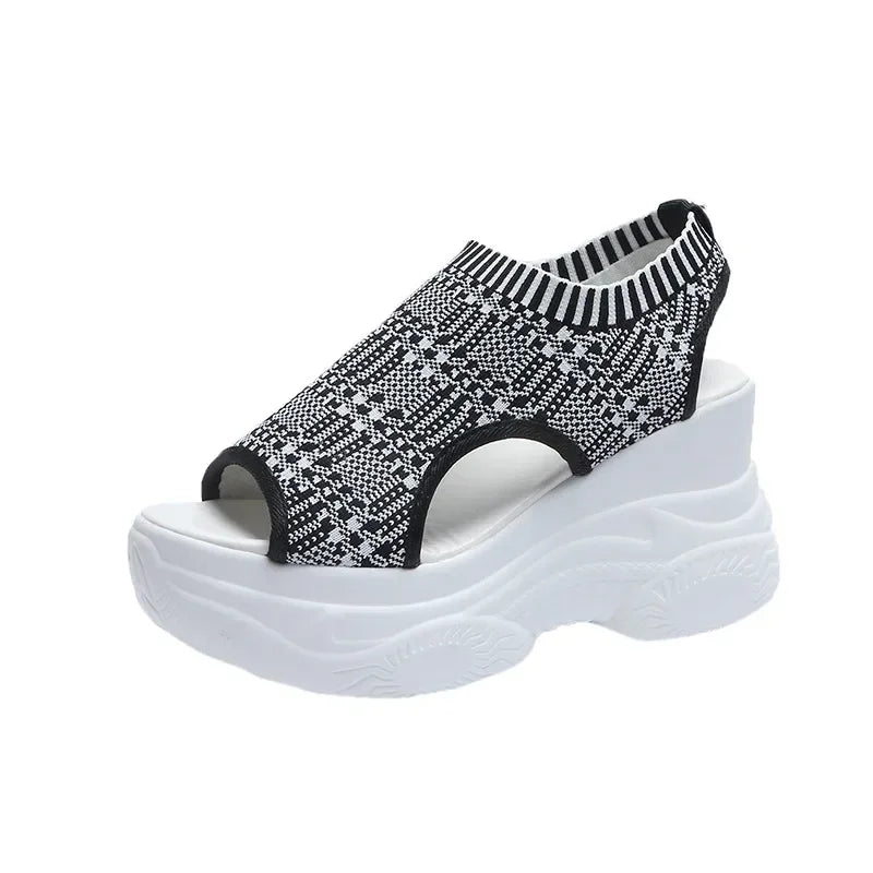Sandals Women Summer Korean Version Fish Mouth Shoes Fashion Knitting Mesh Breathable Wedge Platform Sport Sandals Shoes Casual