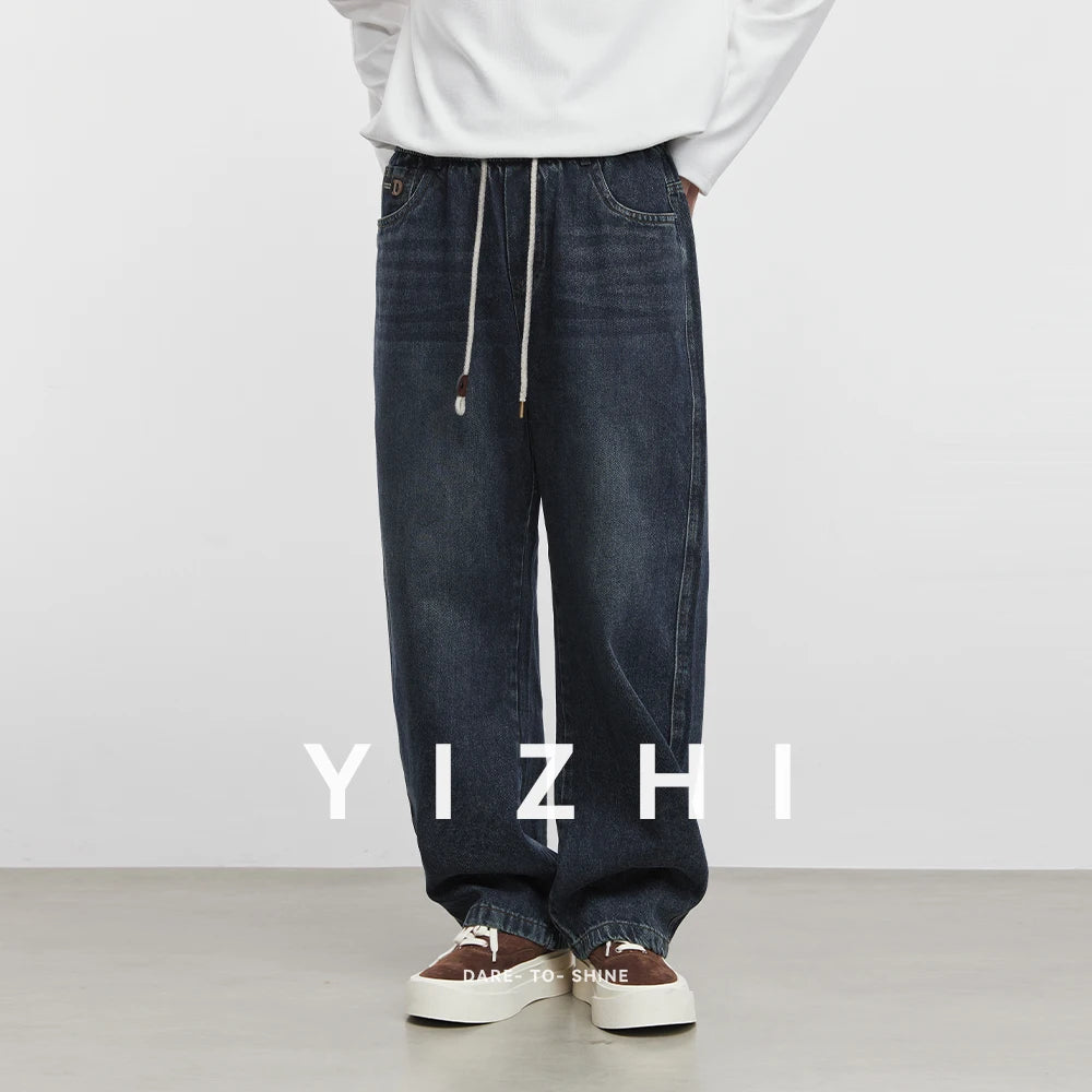 Fashion Men's Straight Jeans 2025 Autumn New Elastic Waist Retro Distressed Washed Jeans Men's Straight Casual Pants