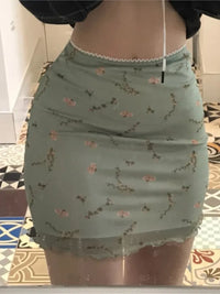 Floral Print Mesh High Waist Mini Skirt Ladies Kawaii skirt premium pastel Lace-up sweet Y2k Harajuku Kawaii Sexy Pencil Skirt