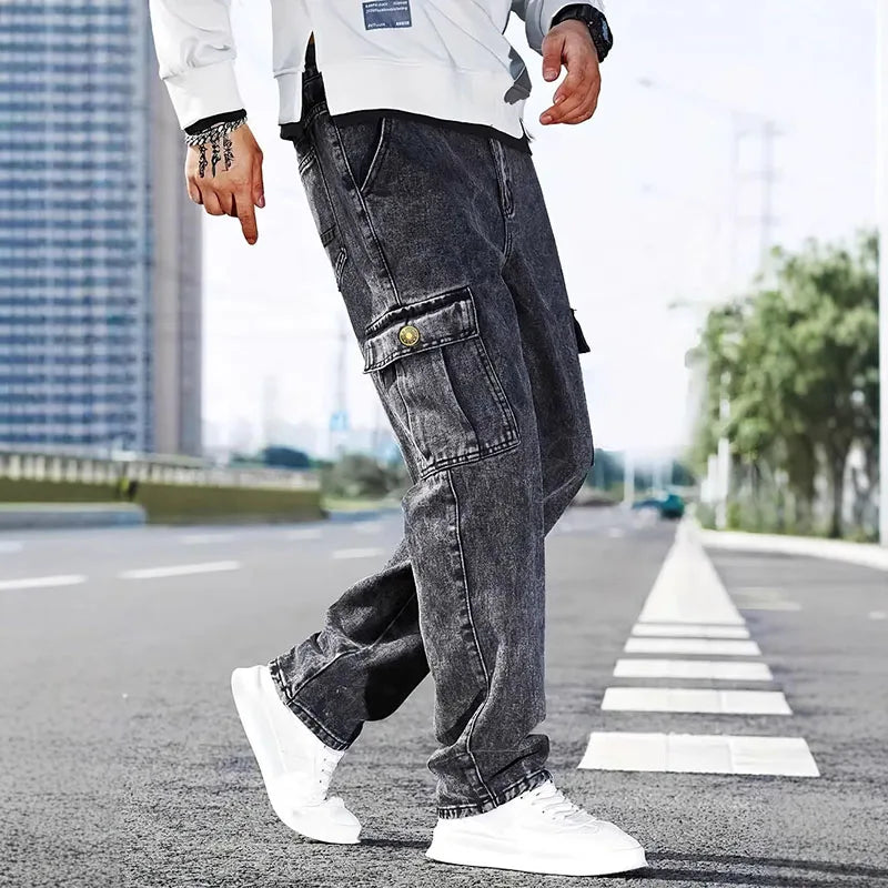 Korean Casual Comfortable Loose Fitting Jeans For Men Large Pocket Jeans Seasons Straight Leg Pants Work Pants