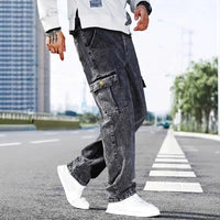 Korean Casual Comfortable Loose Fitting Jeans For Men Large Pocket Jeans Seasons Straight Leg Pants Work Pants